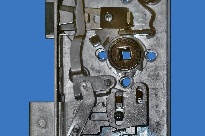 Open mortise lock case showing its mechanism